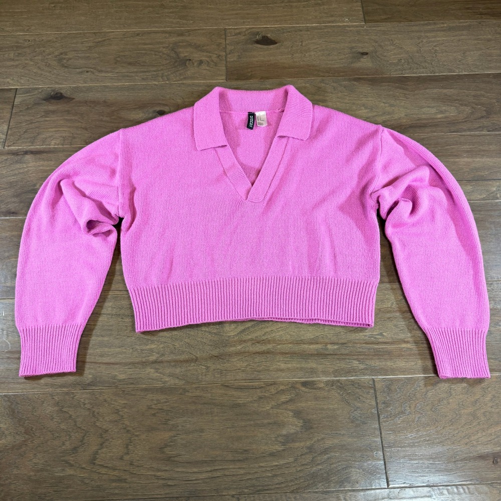 H&M Divided‎ Pink Collared V Neck Cropped Knit Sweater Women's Medium
